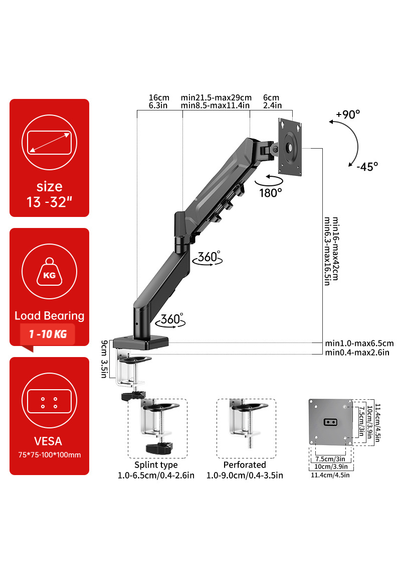 Monitor Arm Desk Mount, Gas Spring Monitors Arm for 17-38 inch Screens, Adjustable Computer Monitors Stand up to 22 lbs, 75 & 100mmVesa Mount with Clamp and Grommet Base